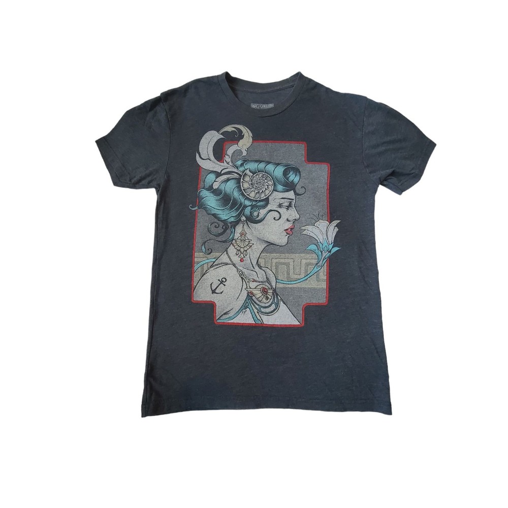CURBSIDE CLOTHING Anchor Tattoo Girl Streetwear Tee T Shirt Unisex Small Gray